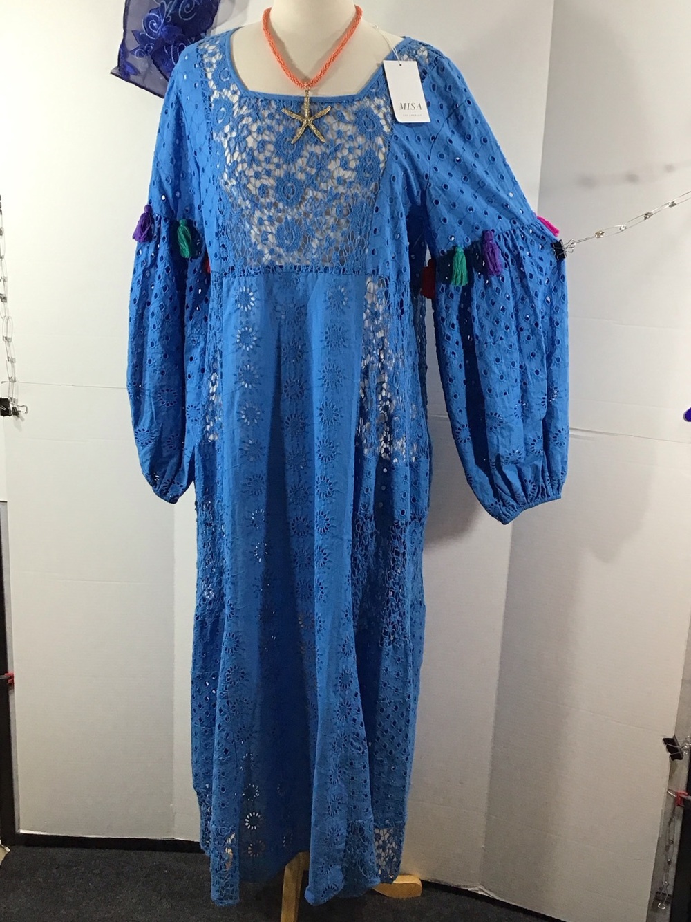 Misa blue Victoria open crochet lace maxi cover up dress S NWT